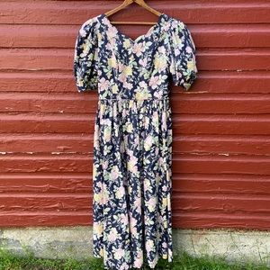 Vintage Laura Ashley Puff Sleeve V-Back Long Floral Dress Women's Size 8